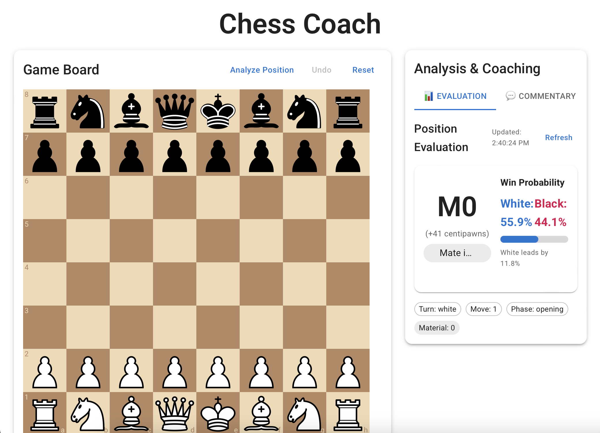 Chess Coach analysis interface with game board and evaluation panel