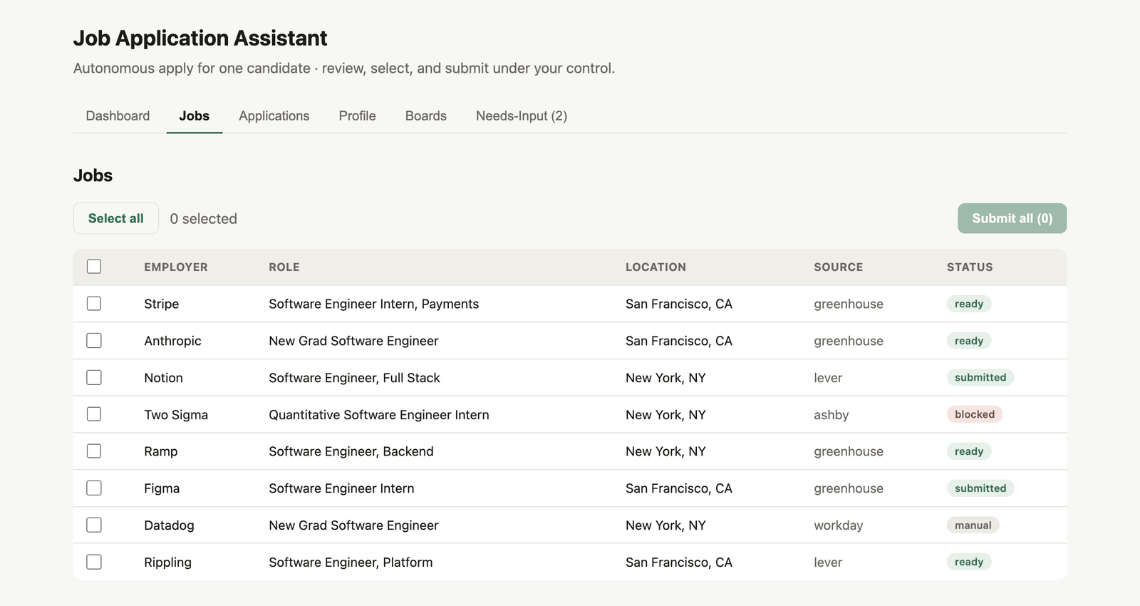 Job Application Assistant dashboard showing the Jobs tab with discovered roles, sources, and application status